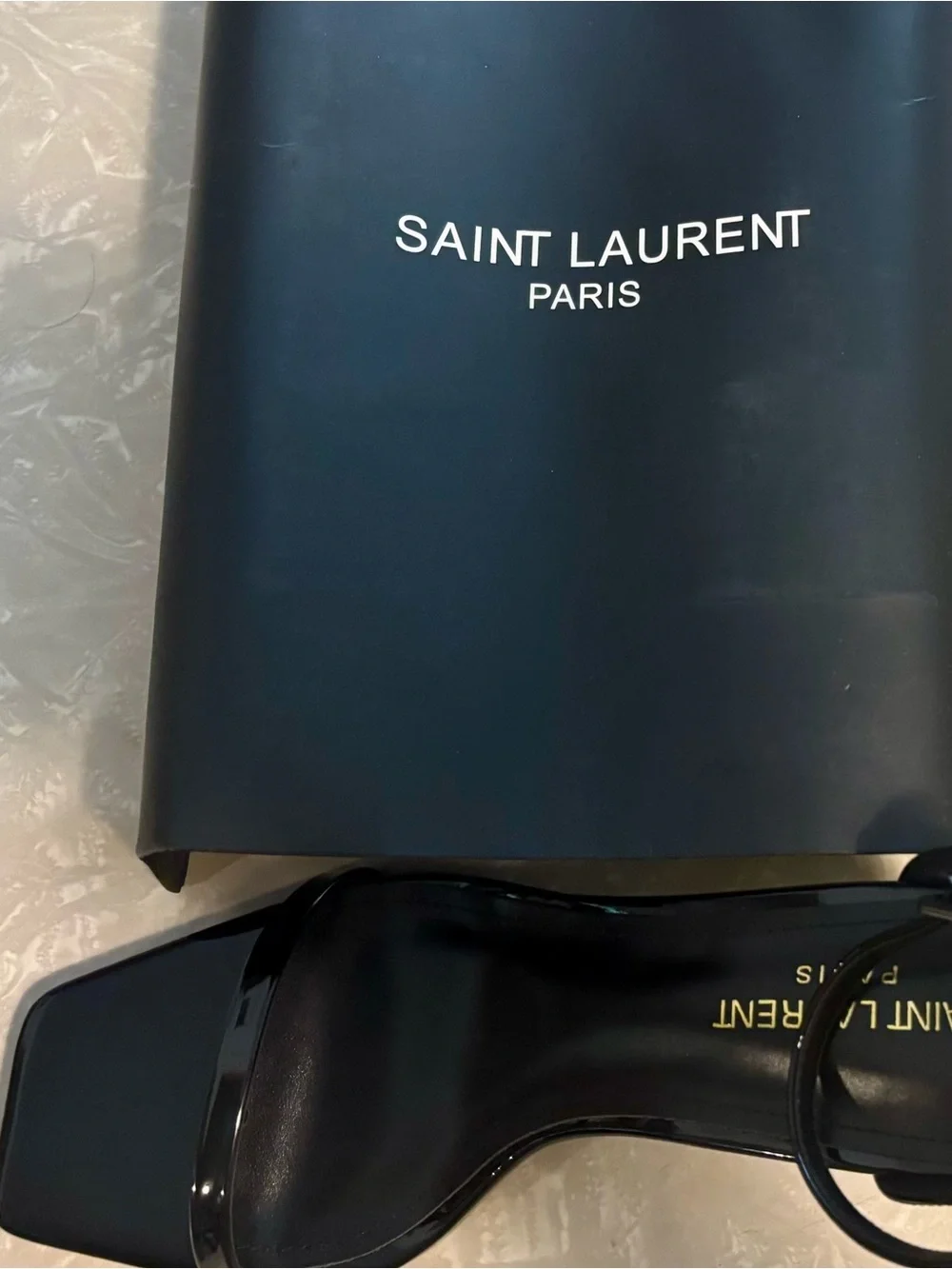 Saint Laurent Black Patent Leather Ankle-Strap Heels with Gold-Tone Logo Heel - Picture 2 of 4